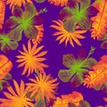 Purple Seamless Leaf. Golden Pattern Textile. Autumn Tropical Leaves. Violet Drawing Exotic. Yellow Decoration Leaf. Blue