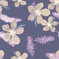 Purple Seamless Leaves. Azure Pattern Vintage. Gray Tropical Hibiscus. Blue Flower Vintage. Violet Drawing Illustration.