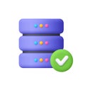 Purple server rack with green check mark. Data storage, successful connection, system verification, web hosting, cloud storage Royalty Free Stock Photo