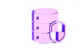 Purple Server with shield icon isolated on white background. Protection against attacks. Network firewall, router