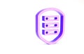 Purple Server with shield icon isolated on white background. Protection against attacks. Network firewall, router