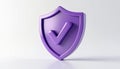 Purple shield with check mark symbol. This minimalistic 3d icon represents safety security and protection. Visual graphic ideal Royalty Free Stock Photo