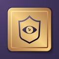 Purple Shield eye scan icon isolated on purple background. Scanning eye. Security check symbol. Cyber eye sign. Gold