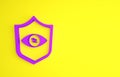Purple Shield eye scan icon isolated on yellow background. Scanning eye. Security check symbol. Cyber eye sign