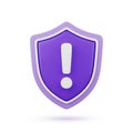 Purple shield icon with a white exclamation mark inside, symbolizing security, warning, or alert, isolated on white background Royalty Free Stock Photo
