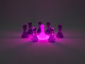 Purple shining pawn surrounded by other pawns, 3d illustration