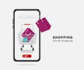 Purple shopping bag is placed in shopping cart and order confirmation icon is placed next to it and all on smartphone