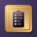 Purple Shopping list icon isolated on purple background. Gold square button. Vector Royalty Free Stock Photo