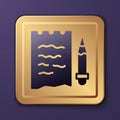 Purple Shopping list and pencil icon isolated on purple background. Gold square button. Vector Royalty Free Stock Photo