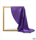 Purple Silk fabric unveiling a golden empty frame isolated on white background. Purple satin covered objects. 3d vector Royalty Free Stock Photo