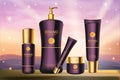 Purple skincare cosmetics series vector illustration, realistic purple luxury bottles and packaging with golden labels