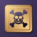 Purple Skull on crossbones icon isolated on purple background. Happy Halloween party. Gold square button. Vector Royalty Free Stock Photo