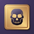 Purple Skull icon isolated on purple background. Happy Halloween party. Gold square button. Vector