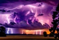 Purple sky, illuminated by lightning, at the end of a storm Royalty Free Stock Photo