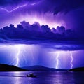 a purple sky with a large amount of lightning in it and a boat in the water below it and a dark cloud filled with