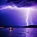 a purple sky with a large amount of lightning in it and a boat in the water below it and a dark cloud filled with