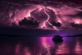 A purple sky with a large amount lightning, nature, landscapes