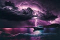 A purple sky with a large amount lightning, nature, landscapes