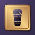 Purple Sleeping bag icon isolated on purple background. Gold square button. Vector