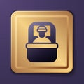 Purple Sleeping bag icon isolated on purple background. Gold square button. Vector