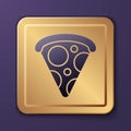 Purple Slice of pizza icon isolated on purple background. Fast food menu. Gold square button. Vector Illustration