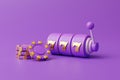 Purple slot machine with three golden sevens and poker chips on violet background