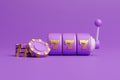 Purple slot machine with three golden sevens and poker chips on violet background