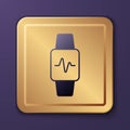 Purple Smart watch showing heart beat rate icon isolated on purple background. Fitness App concept. Gold square button