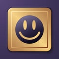 Purple Smile face icon isolated on purple background. Smiling emoticon. Happy smiley chat symbol. Gold square button