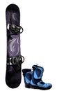 Purple snowboard with blue boots