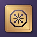 Purple Snowflake icon isolated on purple background. Gold square button. Vector