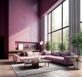 Purple sofa in room with high ceiling. Interior design of modern living room. Created with generative AI