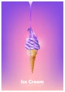 Purple soft ice cream cone, Pour melted violet syrup, blueberry lavender flavor, Vector illustration