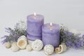 Purple spa setting with burning candles and potpourri. Spa still life Royalty Free Stock Photo