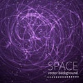 Purple space background. Glowing chaotic curves and sparkling particles. Futuristic vector illustration. Easy to edit design