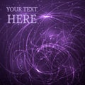 Purple space background. Glowing chaotic curves and sparkling particles. Futuristic vector illustration. Easy to edit design