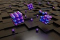 Purple spheres on black cubes. Abstract design. 3d illustration