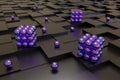 Purple spheres on black cubes. Abstract design. 3d illustration