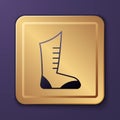 Purple Sport boxing shoes icon isolated on purple background. Wrestling shoes. Gold square button. Vector