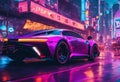 purple sports car on a rainy night in front of neon signs Royalty Free Stock Photo