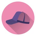 Purple sports retro baseball cap with mesh. On pink background, flat style, with shadow. Icon. Royalty Free Stock Photo