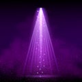 Purple spotlight. Bright lighting with spotlights of the stage with purple dust on dark background. Royalty Free Stock Photo