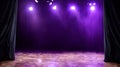 Empty performance stage with illuminated spot lights and smoke. Light effect on black background. Royalty Free Stock Photo