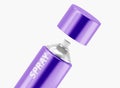 Purple spray bottle with open lid, packaging mockup. Aerosol can for paint, deodorant or hairspray isolated on white Royalty Free Stock Photo