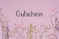 Purple Spring Flower Arrangement, German Text Gutschein Means Voucher