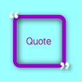 Purple square paper Frame with commas for your text. Quote bubble in realistic style on bright blue background. Design template