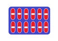 A purple strip of twelve red capsules of medicine pills against a white backdrop Royalty Free Stock Photo