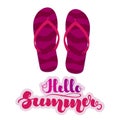 Purple striped beach slippers, flip flops and handwritten lettering Hello Summer . Vector illustration isolated on white Royalty Free Stock Photo