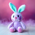 A purple stuffed rabbit sitting on top of a white table. Generative AI image.