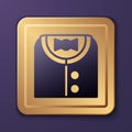 Purple Suit icon isolated on purple background. Tuxedo. Wedding suits with necktie. Gold square button. Vector